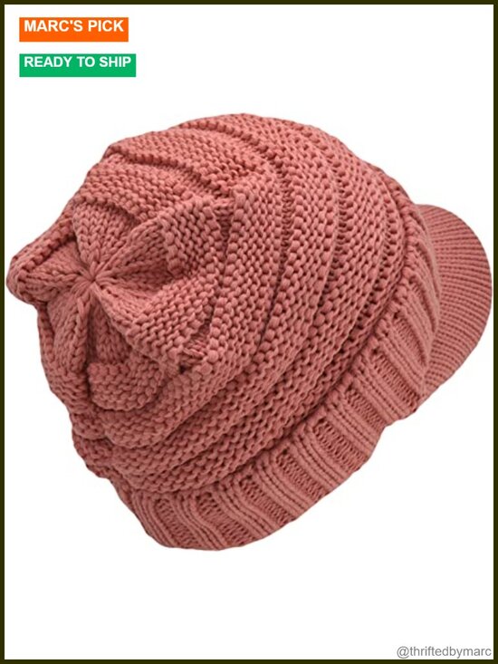 Oversized Chunky Knit Beanie Hat with Visor Brim - Acrylic